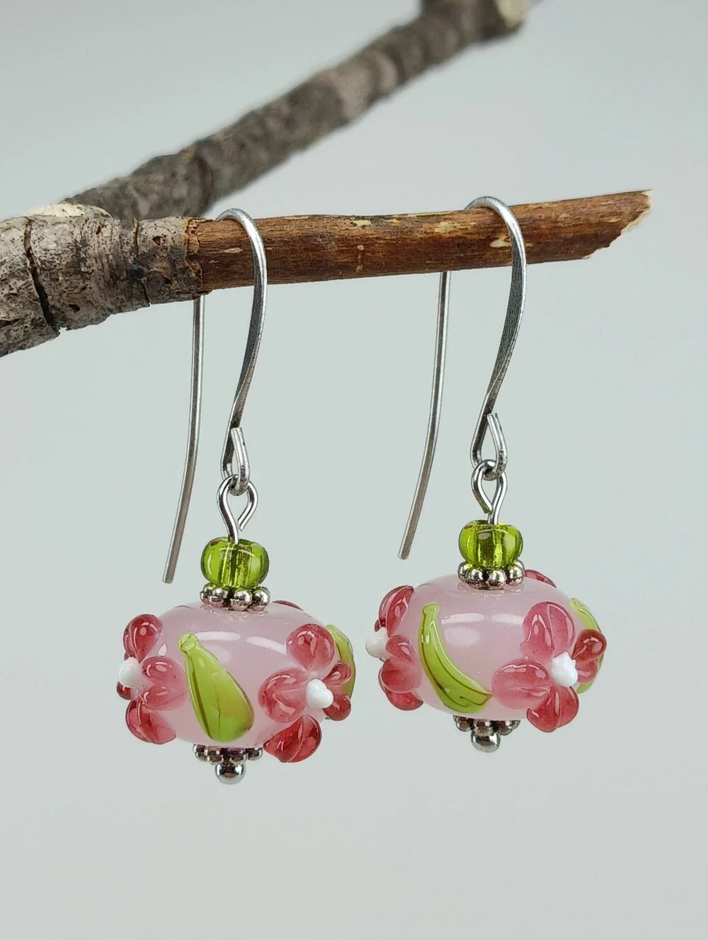 Pink Lampwork Glass Flower Earrings Cottage Garden Artisan Hand Crafted - Picture 3 of 6